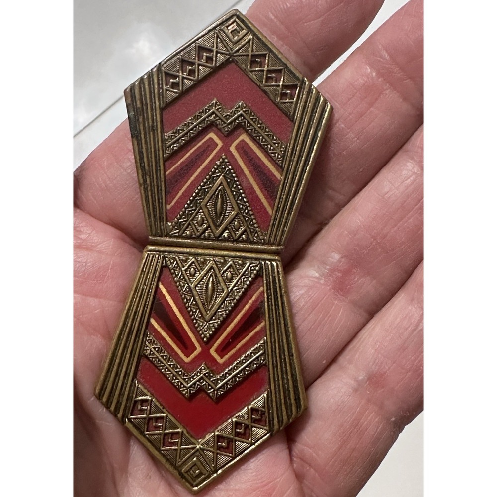 Vintage Czech Art Deco Belt Buckle Clasp Red Enamel Brass Made In Czechoslovakia